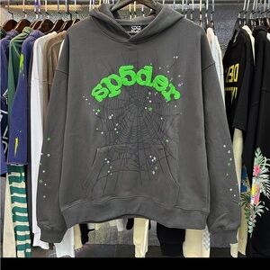 SP5DER Gray Hoodie with Green Accents